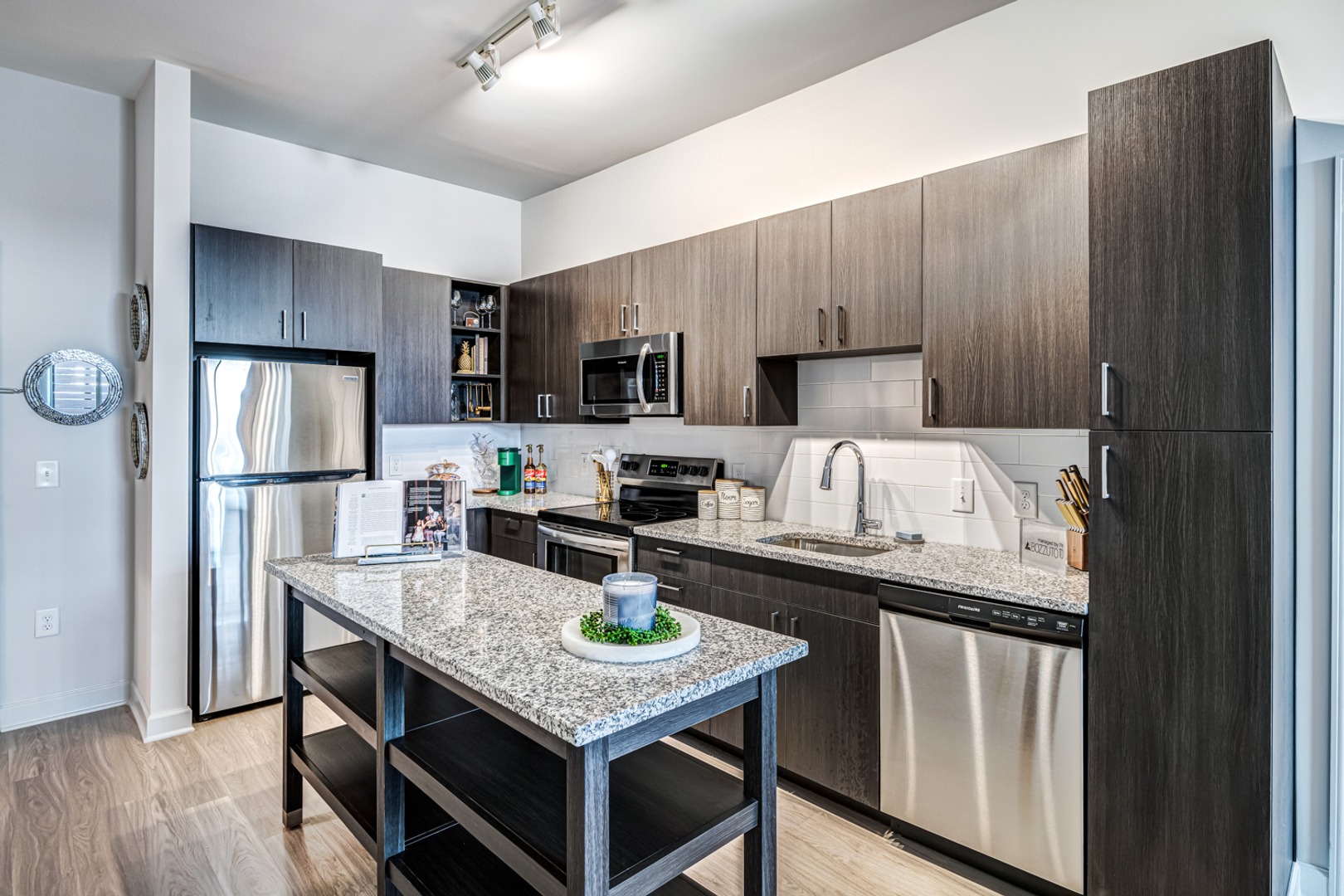 Kitchen with stainless steel appliances and island